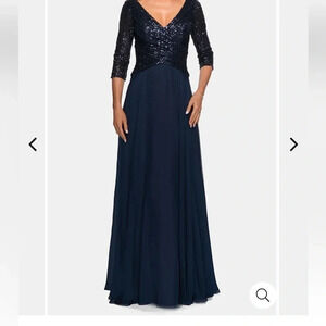 NWT La Femme Chiffon & Sequin A-Line Gown In‎ Navy Blue Size 10 $388 MOB MOG
